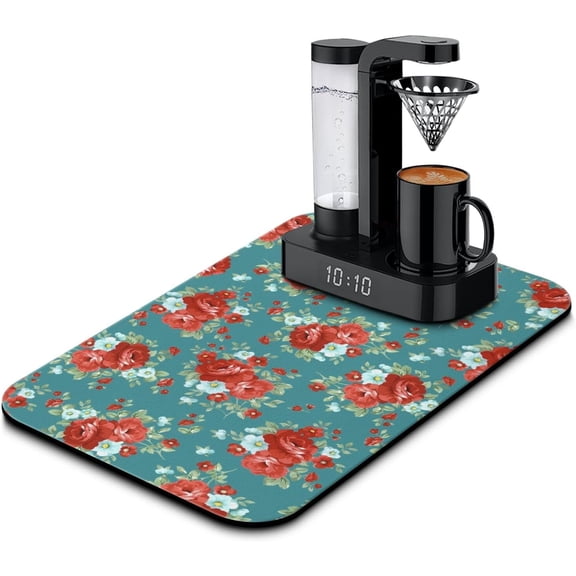 Washable Non-Slip Pioneer Flower Dish Drying Mats,Super Absorbent Quick Drying Mat For Kitchen Counter Home Large Coffee Bar Pad Accessories And Decor 19.5''''x12'''' (Dark Green Red Flower, 19.5*12)