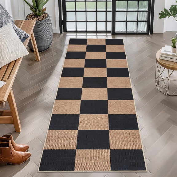 Washable Non-Slip Rug Runner for Hallway, Modern Geometric Checkered Floor Rug, Stain-Resistant and Non-Shedding for Kitchen, Laundry Room, Bedroom