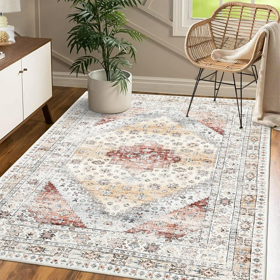 Washable Non-Slip Rug, Vintage Oriental Low Pile Retro Medallion Floor Cover, Stain-Resistant Indoor Carpet for Living Room, Bedroom, and Home Office
