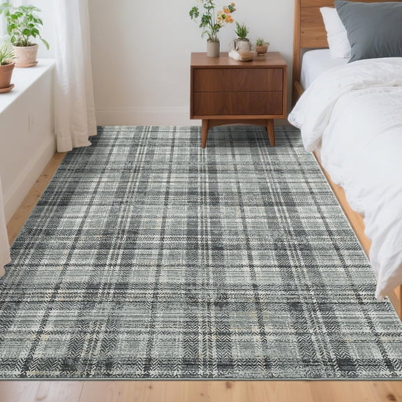 Washable Non-Slip Tartan Plaid Runner Rug - Low-Pile Farmhouse Floor Mat for Kitchen Entryway Hallway Bathroom Laundry Room Bedroom