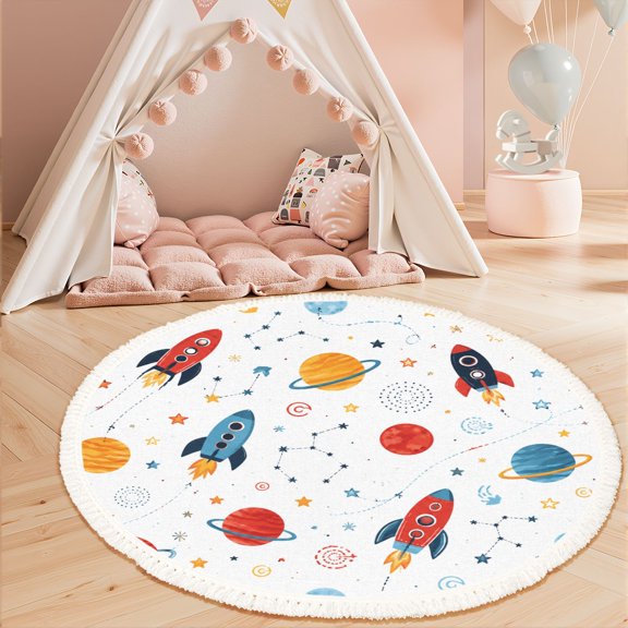 Washable Nursery Rug 3ft, Space Rockets Planets Seamless Cartoon Stars Constellations Non-Slip Fun Area Rugs for Kids Room, Carpet for Boys Girls Dorm Toy Room Tent