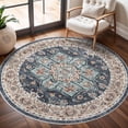 thumbnail image 1 of Washable Oriental Area Rug - 6ft Rugs for Living Room Soft Carpet for Bedroom Waterproof Floral Distressed Indoor Stain Resistant Non-Shedding Floor Carpets (Blue/Teal/Orange, 6ft-Round), 1 of 12