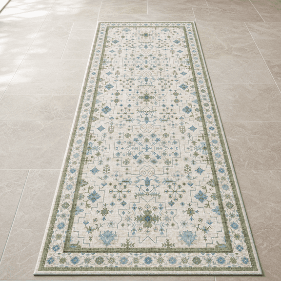 Washable Oushak Runner Rug 2' x 5' Cream Green Boho Eclectic Non-Slip Low Pile Throw Rug