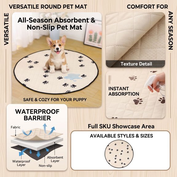 Washable Pee Mat, Round Absorbent Dog Pad for Cats, Non-Slip Waterproof Quick-Dry Floor Protector, Reusable All-Season Training Crate Cushion(S,Beige)
