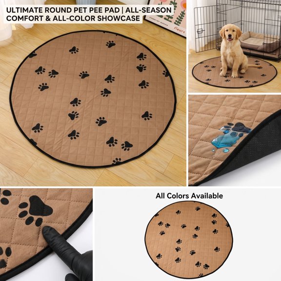 Washable Pee Mat, Round Absorbent Dog Pad for Cats, Non-Slip Waterproof Quick-Dry Floor Protector, Reusable All-Season Training Crate Cushion(S,Coffee)