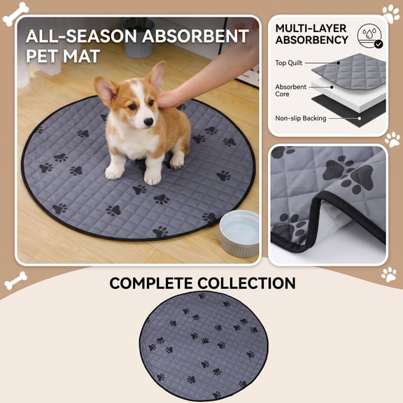 Washable Pee Mat, Round Absorbent Dog Pad for Cats, Non-Slip Waterproof Quick-Dry Floor Protector, Reusable All-Season Training Crate Cushion(S,Gray)
