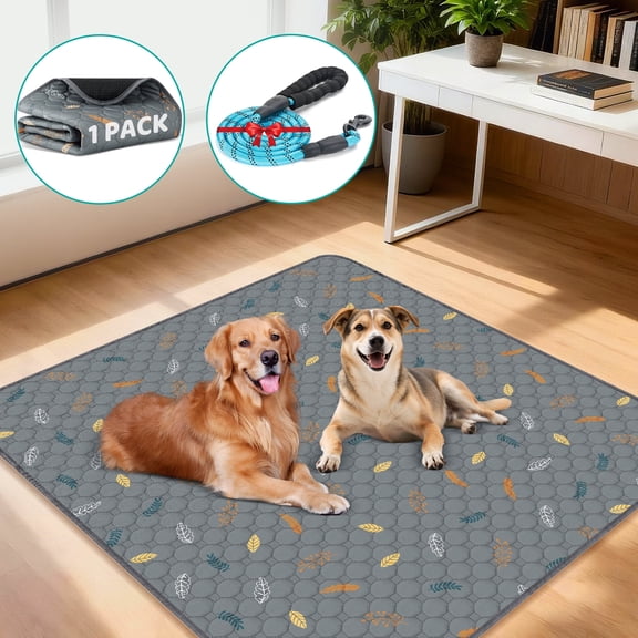 Washable Pee Pads for Dogs, 1 PACK 72" x 72" Reusable Puppy Pads Non-Slip Pet Leaf Pattern Training Pads, Super Absorbent Whelping Pads for Playpen, Potty, Crate, Bed (with 60''L Dog Leash)