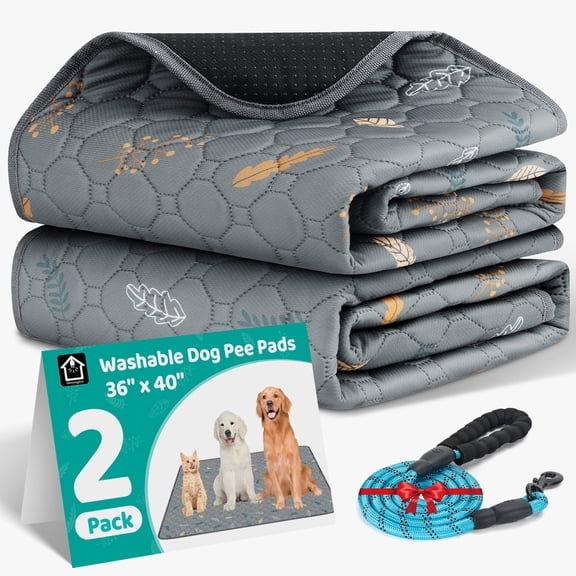 Washable Pee Pads for Dogs, 2 Pack Reusable Puppy Pads 36" x 40" Leaf Pattern Non-Slip Pet Training Pads,Super Absorbent Pads for Playpen, Potty, Crate, Bed (with 60''L Dog Leash)