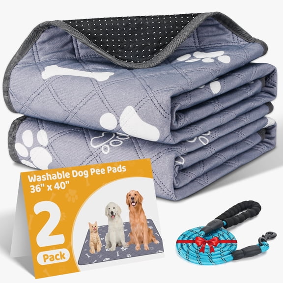 Washable Pee Pads for Dogs, 2 Pack Reusable Puppy Pads 36" x 40" Non-Slip Pet Training Pads, Super Absorbent Whelping Pads for Playpen, Potty, Crate, Bed (with 60''L Dog Leash)