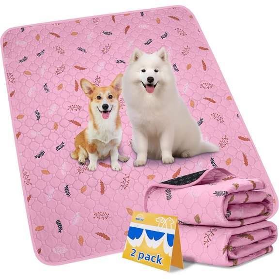 Washable Pee Pads for Dogs 2-Pack Reusable Puppy Pads Pet Training Pads, Waterproof Dog Pee Pads for Crate, Whelping Pad, Non-Slip Protects Against Urine Leakage (Leaves - Pink, 24x35)