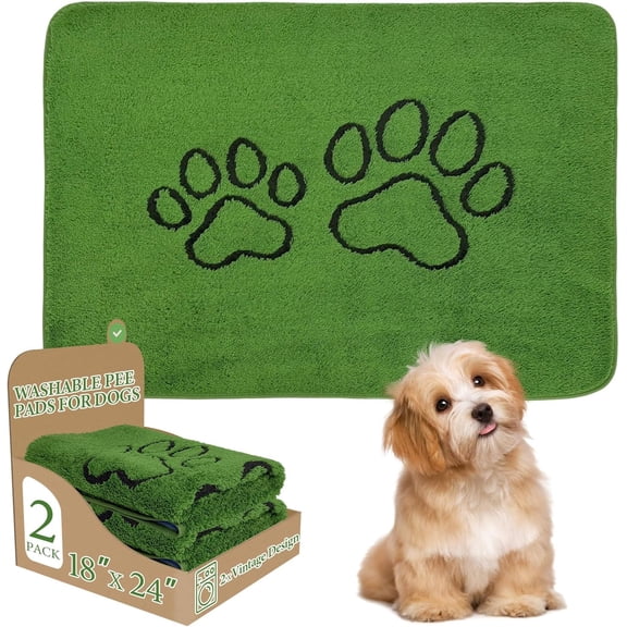 Washable Pee Pads for Dogs, 2 Pack Super Absorbent Reusable Puppy Pads, Green Long Wool Fake Grass for Potty Training, Upgrade Non-Slip and Leak-Proof,Floor, Couch, Bed, and Crate,Green 18"24"