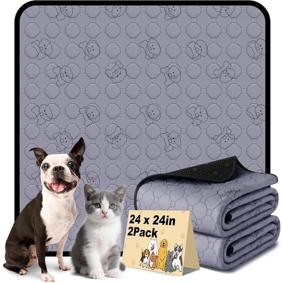 Washable Pee Pads for Dogs, 24"x24"  Puppy  Pads 2 Pack,  Leak-Proof & Non-Slip Bottom, Super Absorbent  Whelping Pads for Crate, Playpen,Bed, Floor, Gray