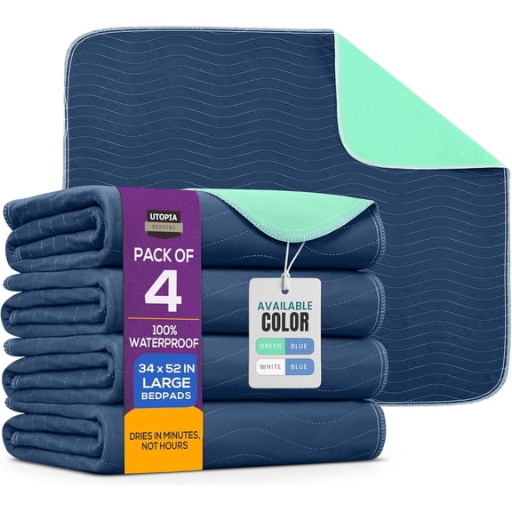 Washable Pee Pads for Dogs 34" x 52" (Pack of 4), Waterproof Incontinence Bed Pads for Adults, Elderly and Kids, Heavy Absorbency Pet Training Pads for Sofa and Couch (Navy, Green)