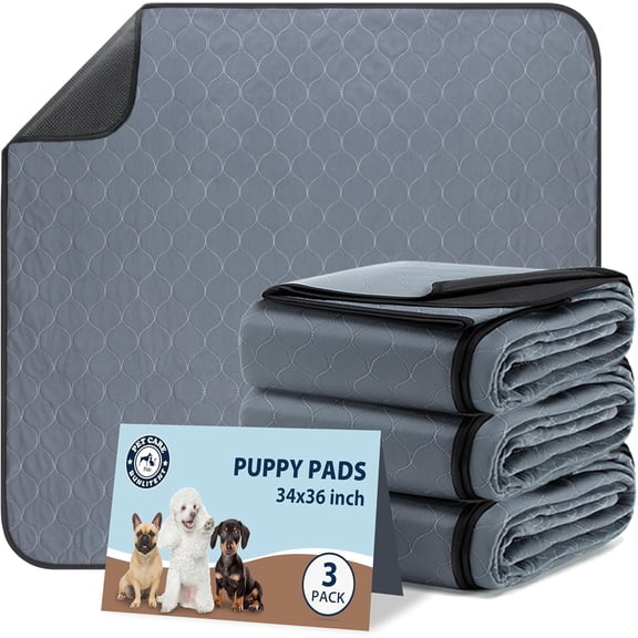 Washable Pee Pads for Dogs, 34x36 Reusable Puppy Pads with Fast Absorbent, Waterproof Reusable Pee Pads for Whelping, Traing, Incontinence and Potty, 3 Pack, Grey.