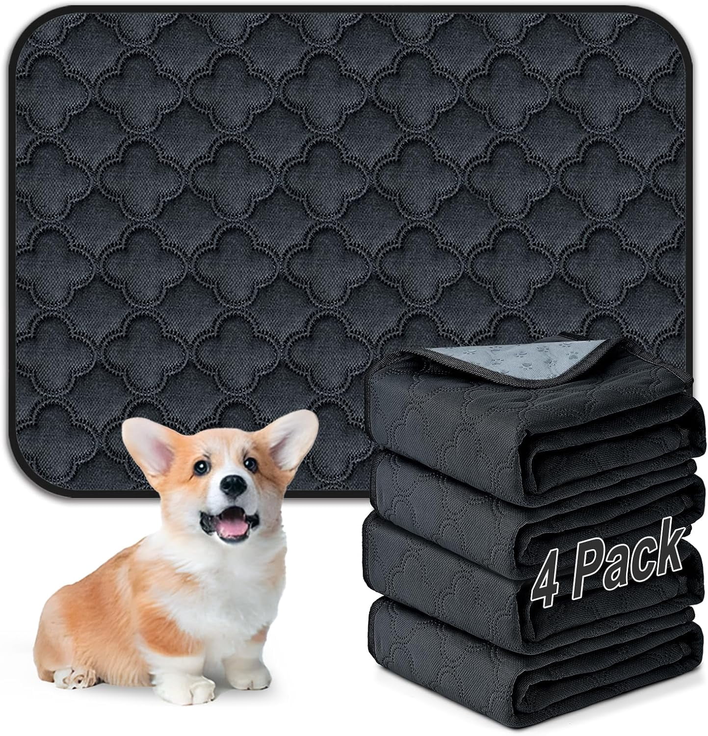 Washable Pee Pads for Dogs - 4 Pack Reusable Pee Pads，Waterproof Puppy Pads，Pet Training Pads，Super Absorbent with Dog Paw Shape Non-Slip Backing (Dark Grey, 18" X 24" - 4 Pack)