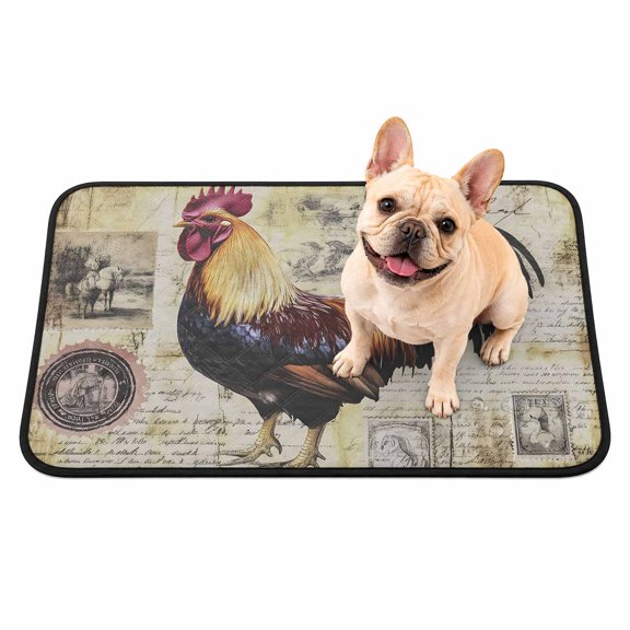 Washable Pee Pads for Dogs, Farmhouse Rooster Non-Slip & Leak-Proof Potty Pads for Dogs, Reusable Pee Pad for Crates Floors Waterproof Puppy Training Pad 24"x18" Chicken Vintage Newspaper Stamp