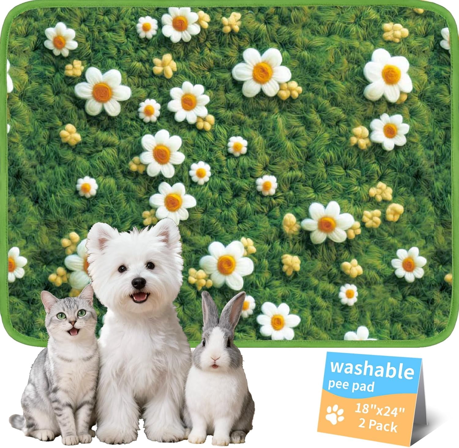 Washable Pee Pads for Dogs, Reusable Puppy Potty Training Pads, Ultra-Absorbent Thick Waterproof Leak-Proof Non-Slip Pads & Mat for Crate, Playpen, Floor, Whelping & Housebreaking , 2 Pack 18"x24"