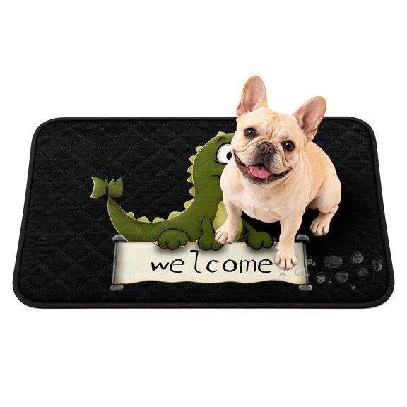 Washable Pee Pads for Dogs, Tyrannosaurus Rex Non-Slip & Leak-Proof Potty Pads for Dogs, Reusable Pee Pad for Crates Floors Waterproof Puppy Training Pad 40"x30" Welcome Cartoon Green Dinosaur Black