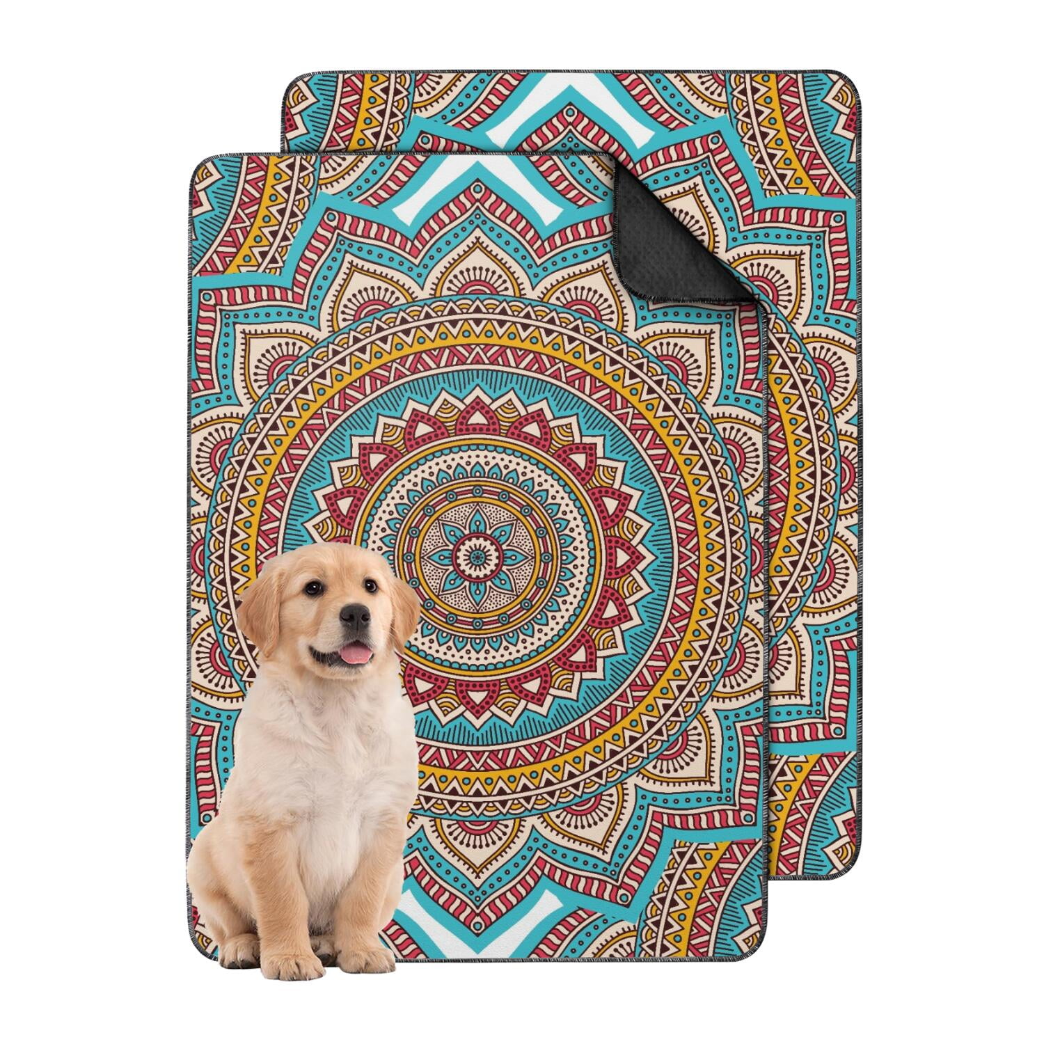 Washable Pee Pads for Small Dogs, 24" x35" Mandala Art, Reliable Potty Solution for Indoor Training, Strong Grip on Tile and Wood Floors.