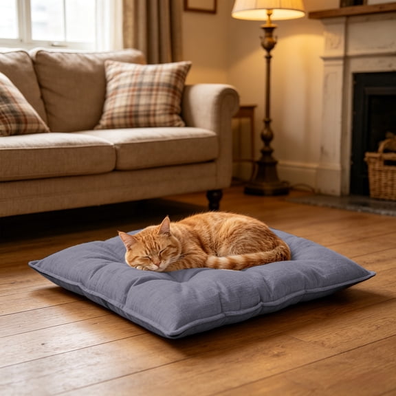 Washable Pet Floor Mat Thick Padded Dog Bed, Linen Texture Pet Sleeping Cushion, Reinforced Stitching Comfortable Rest Pad for Cats Dogs Indoor Kennel Use Dark Gray