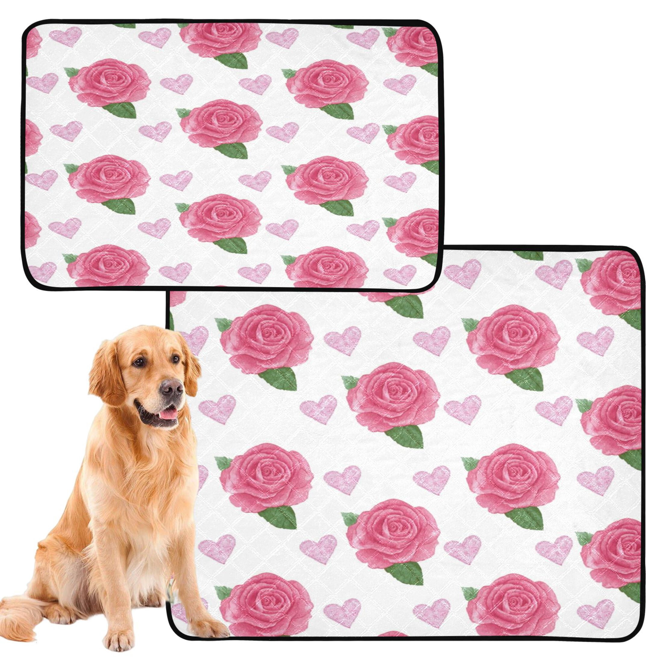 Washable Pet Pee Pads Soft Plush Absorbent Mat Non-Slip Floor Protector for for Dogs & Cats Pink Roses and Red Hearts