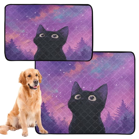 Washable Pet Pee Pads Soft Plush Absorbent Mat Non-Slip Floor Protector for for Dogs & Cats Purple Sky and Black Cat
