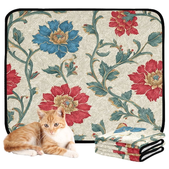 Washable Pet Pee Pads Soft Plush Absorbent Mat Non-Slip Floor Protector for for Dogs & Cats Red Floral and Plant Pattern