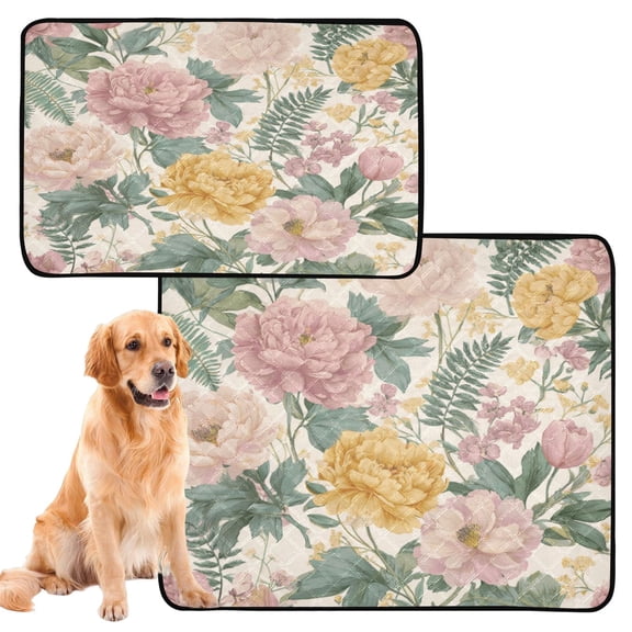 Washable Pet Pee Pads Soft Plush Absorbent Mat Non-Slip Floor Protector for for Dogs & Cats Retro Plant Pattern
