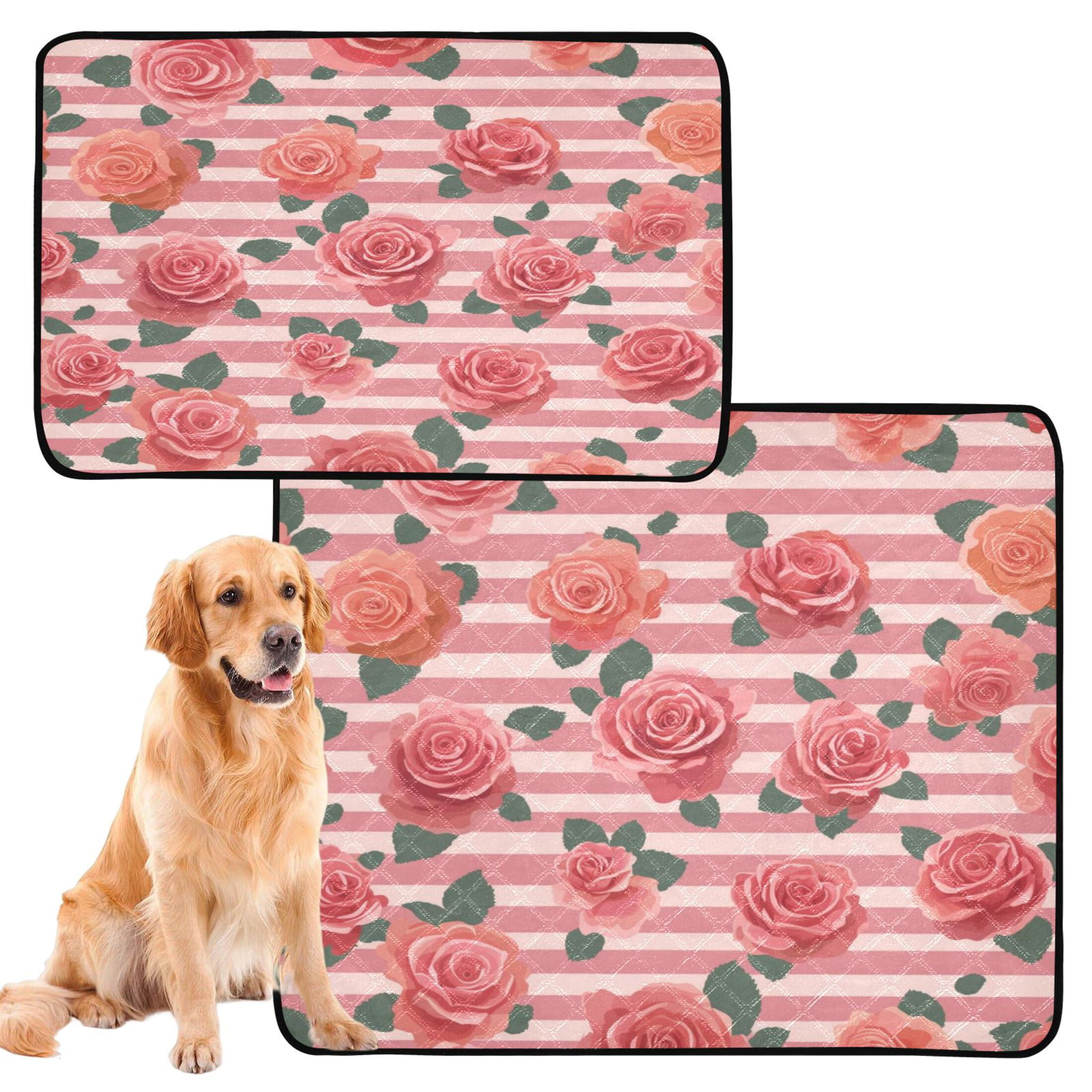 Washable Pet Pee Pads Soft Plush Absorbent Mat Non-Slip Floor Protector for for Dogs & Cats Roses and Stripes Pattern