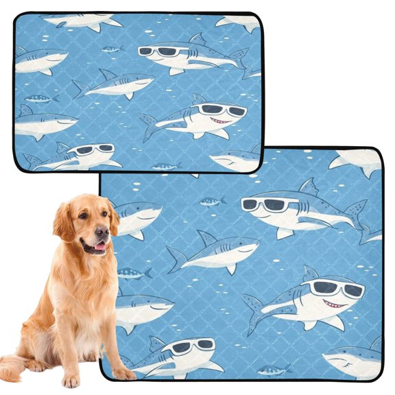 Washable Pet Pee Pads with Super Absorbent Reusable Training Pads for Dogs & Cats Cute Sharks Wearing Sunglasses