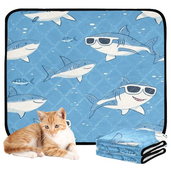 Washable Pet Pee Pads with Super Absorbent Reusable Training Pads for Dogs & Cats Cute Sharks Wearing Sunglasses