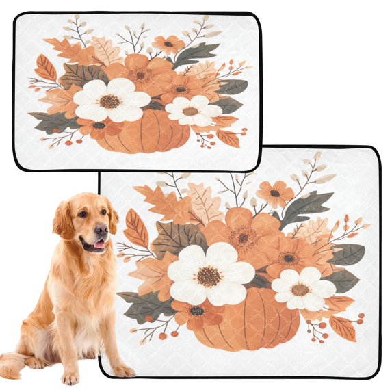 Washable Pet Pee Pads with Super Absorbent Reusable Training Pads for Dogs & Cats Orange and White Flowers and Pumpkins