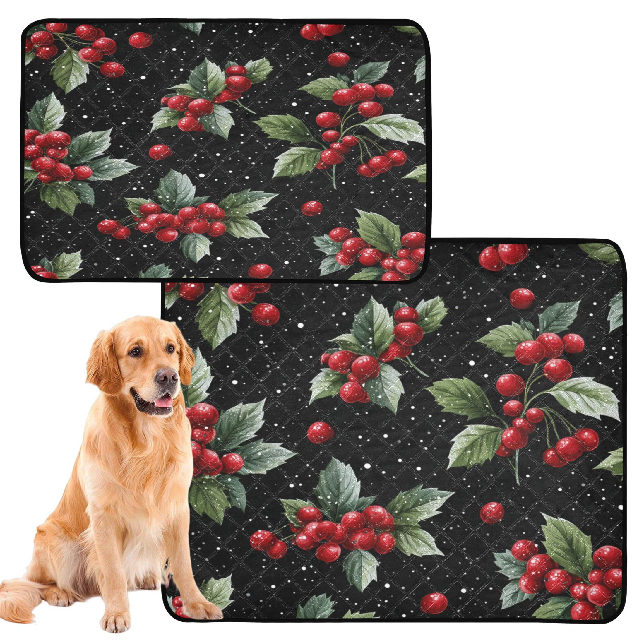 Washable Pet Pee Pads with Super Absorbent Reusable Training Pads for Dogs & Cats Red Holly Berries Pattern