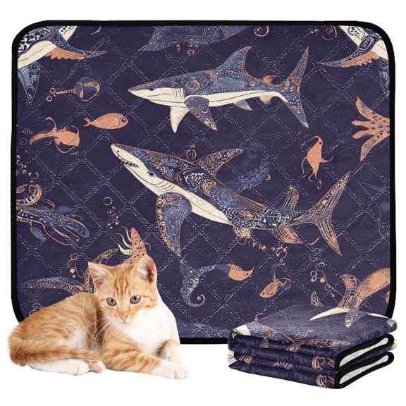 Washable Pet Pee Pads with Super Absorbent Reusable Training Pads for Dogs & Cats Sharks and Fish Pattern
