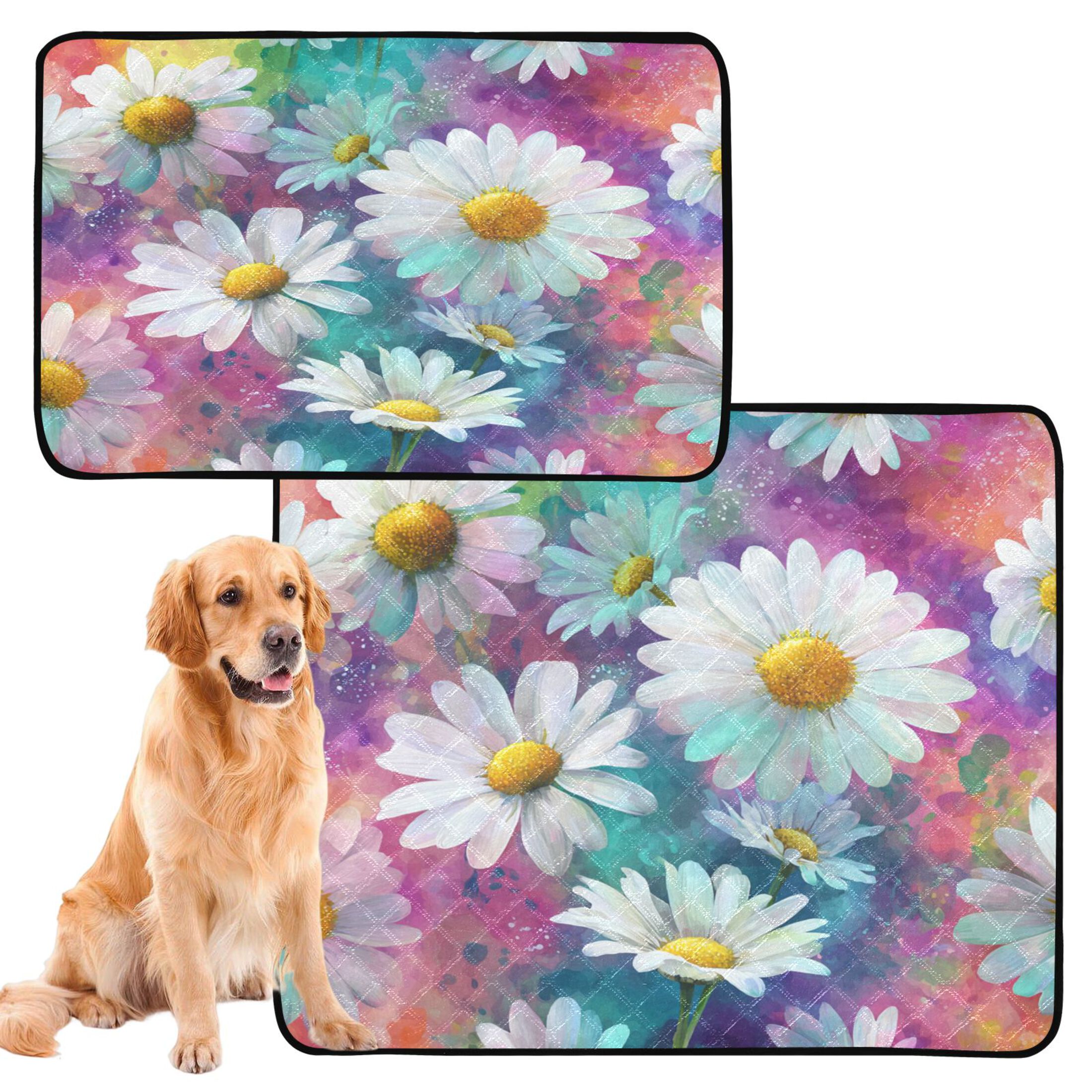 Washable Pet Pee Pads with Super Absorbent Reusable Training Pads for Dogs & Cats Watercolor White Daisies