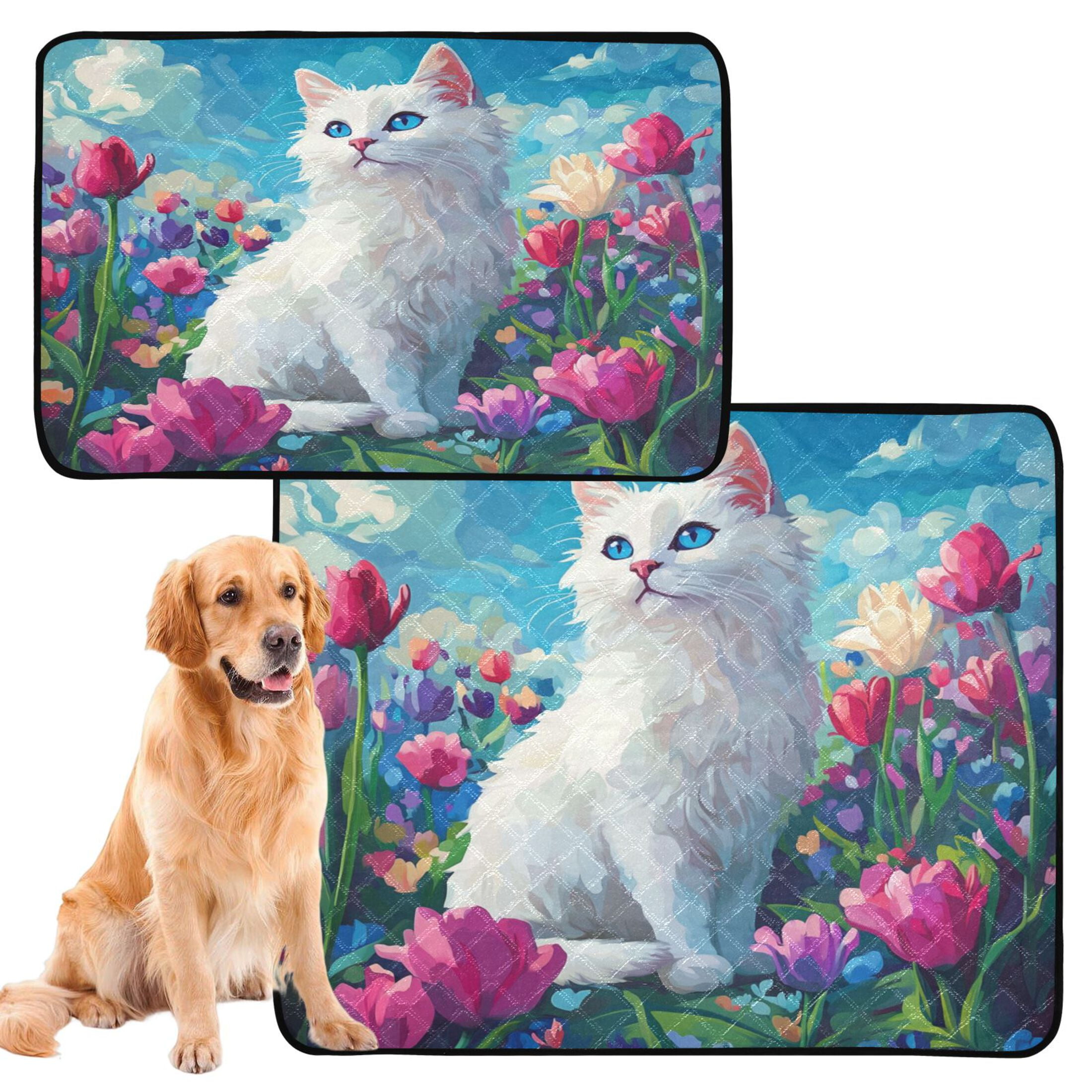 Washable Pet Pee Pads with Super Absorbent Reusable Training Pads for Dogs & Cats White Cat and Tulips
