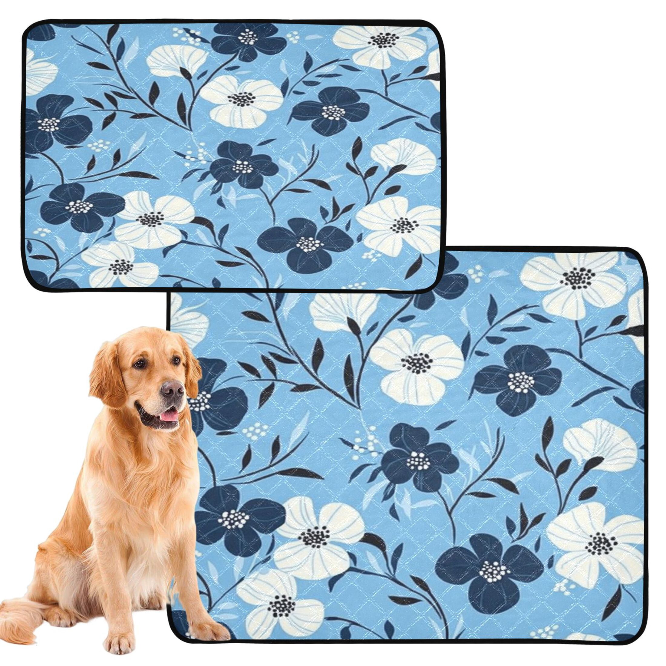 Washable Pet Pee Pads with Super Absorbent Reusable Training Pads for Dogs & Cats White and Navy Blue Flowers
