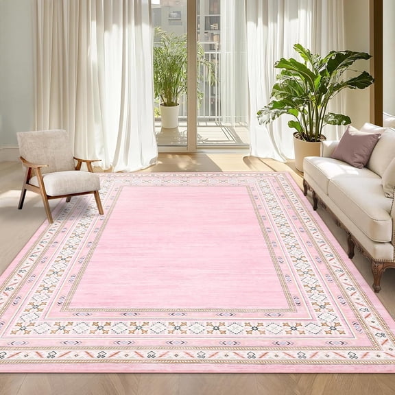 Washable Pink 4x6 Area Rugs for Girls Bedroom, Large Non Slip Living Room Rug Geometric Bordered Accent Carpet for Dining Room Office Ultra Thin Low Pile Floor Rugs for Nursery Playroom