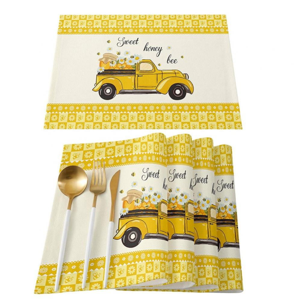 Washable Placemats for Dining Table Set of 4,Sweet Honey Bee Yellow