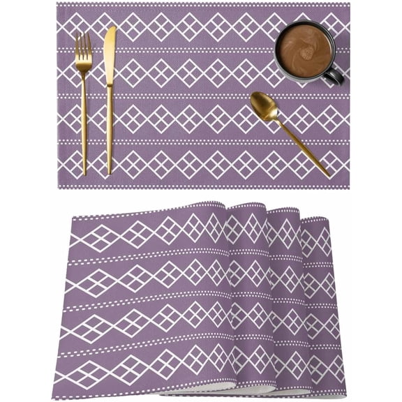 Washable Placemats Set of 4, Geometric White Purple Square Dot Place Mat Modern Abstract Check Texture Kitchen Dining Table Mats for Indoor Outdoor Party Decor