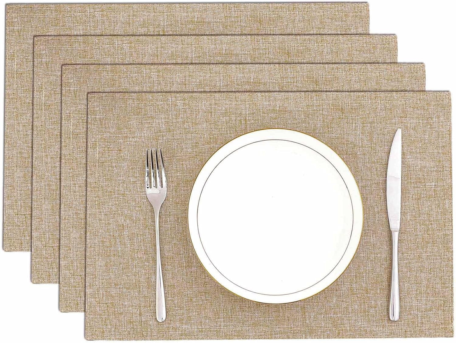 Washable Placemats Set of 4 Heat Resistant Cloth Table Placemats Double Layer Thick Linen Style Table Mats Non Slip Rectangular Plate Place Mats for Dining Table Setting, Beige