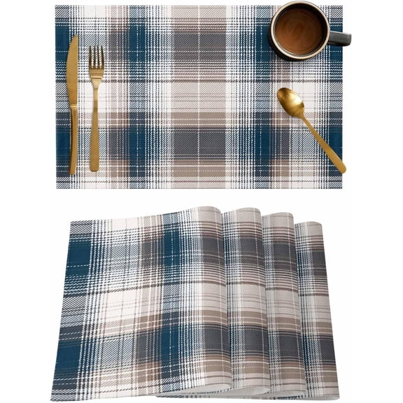 Washable Placemats Set of 4, Vintage Striped Texture Place Mat Blue Brown Color Block Kitchen Dining Table Mats for Indoor Outdoor Party Decor