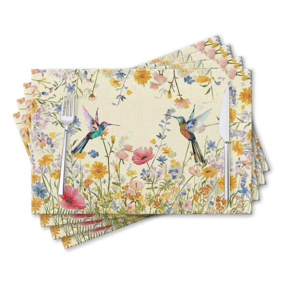 Washable Placemats Set of 4 for Dining Table, Spring Floral Hummingbird Decorative Placemats, 12x18 Inch Cotton Linen Table Mats for Kitchen Decor