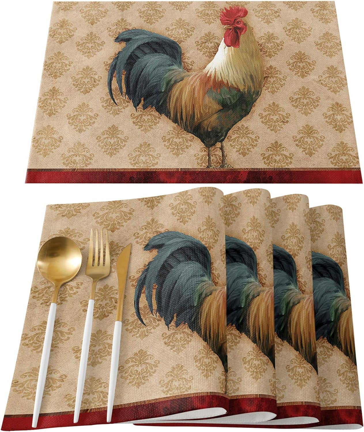 Washable Placemats for Dining Table Set of 6,Farm Rooster Vintage