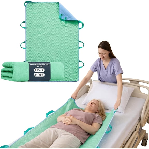 Washable Positioning Bed Pad with 8 Reinforced Handles,Leakproof, Reusable Incontinence Absorbent Underpad for Elderly Care, Lifting, Turning, Transferring Patient (Green, 34"x52"-2 Pack)