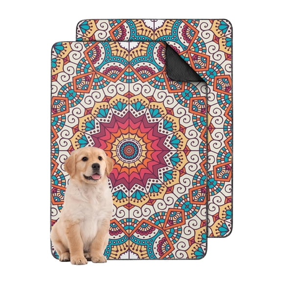 Washable Puppy Pads for Indoor Use, 24" x35" Large Mandala Motif, Leak-Resistant Barrier, Skid-Resistant Bottom for Crates and Flooring.