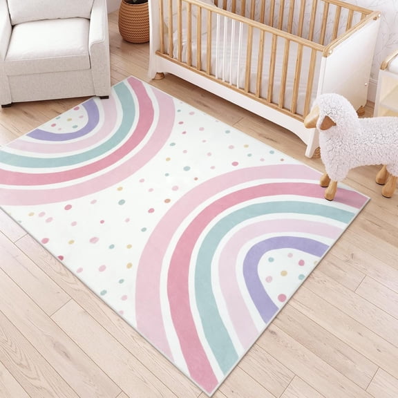 Washable Rainbow Rug For Kids Room Nursery, Soft Polka Dot Pink Rug For Bedroom Girls, Non-Slip Large Carpet Kids Area Rug For Playroon Princess Castle 3x4ft