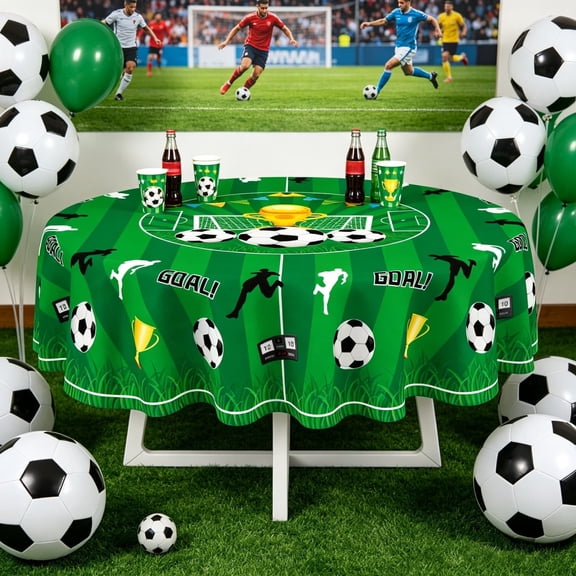 Washable Reusable Soccer Football Tablecloth Polyester Fabric Table Cover with Green Field Prints for Birthday Parties Tailgating Picnics and Sports Events Dining Tables Round Rectangular Options
