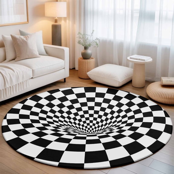 Washable Round Area Rug 3D Checkerboard Tunnel Circle Rugs Floor Carpet for Living Room Bedroom, Black White Optical Illusion Soft Non Slip Round Rug 3ft