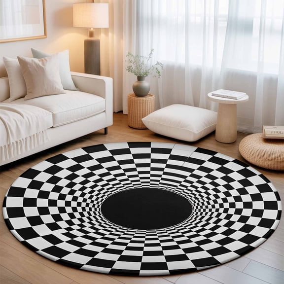Washable Round Area Rug 3D Vortex Tunnel Circle Rugs Floor Carpet for Living Room Bedroom, Black White Optical Illusion Background Soft Non Slip Round Rug 3ft